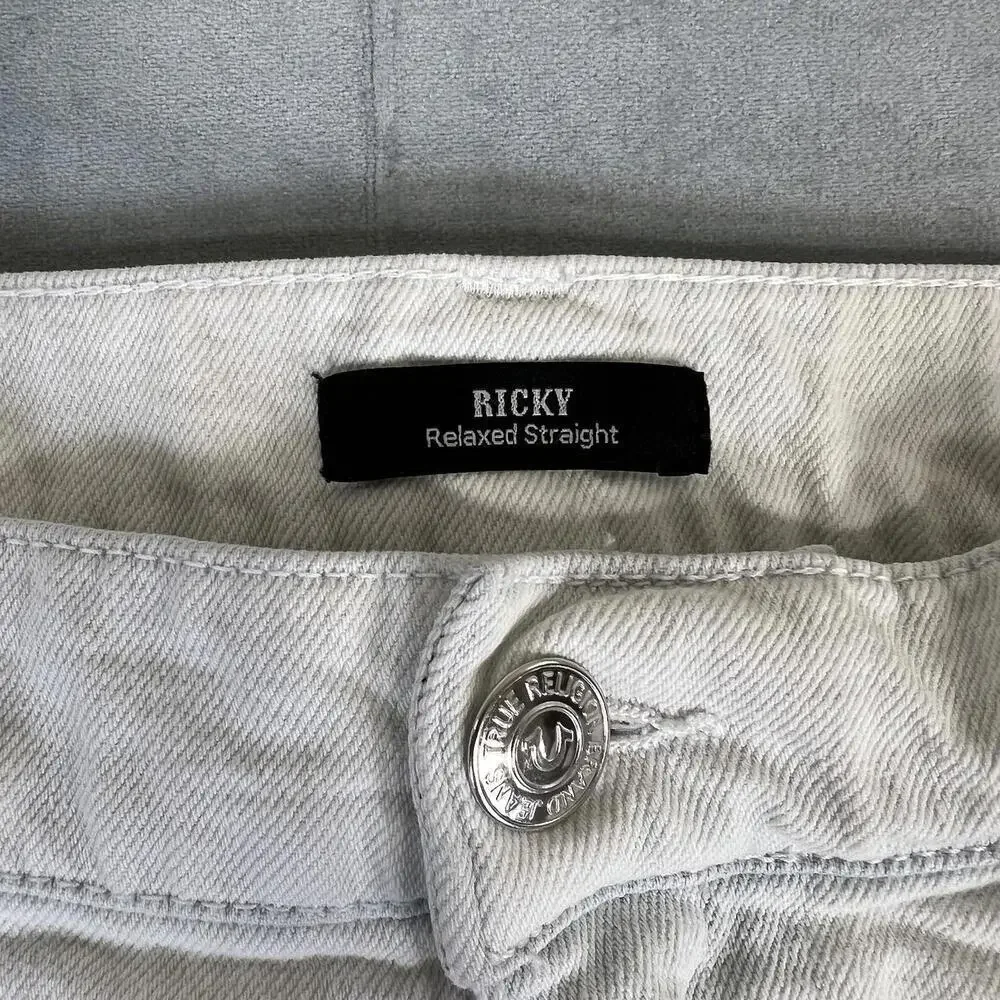 True Religion Ricky Jeans Mens 40* White Blue Dyed Relaxed Straight Flap Pockets